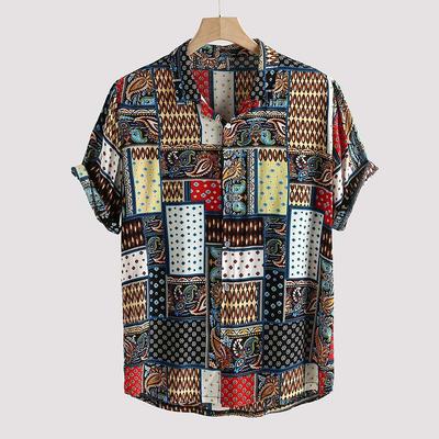 Camisa de praia de linho estilo étnico masculina - estampa casual de verão, mangas curtas