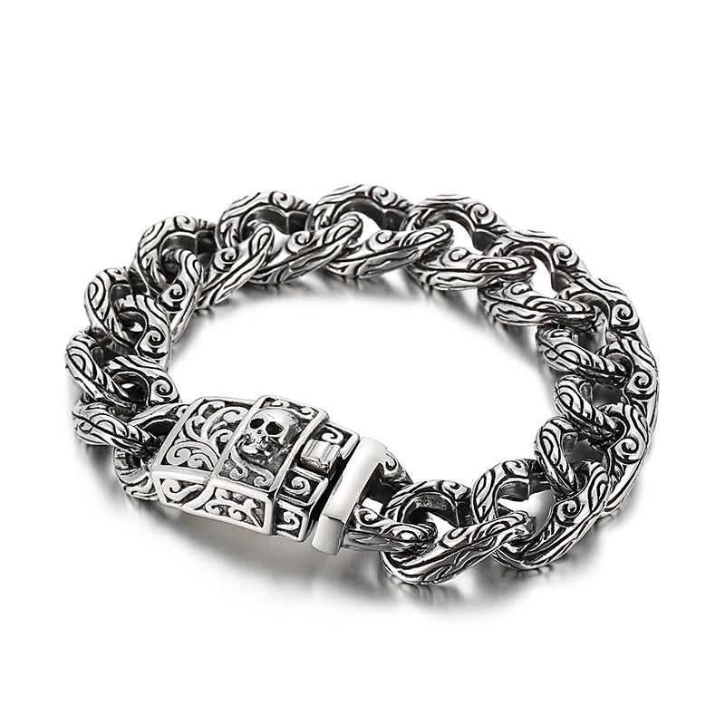 15mm Skull Punk Curb Cuban Chain Bracelet - Stainless Steel 316L - KB123642-BDJX