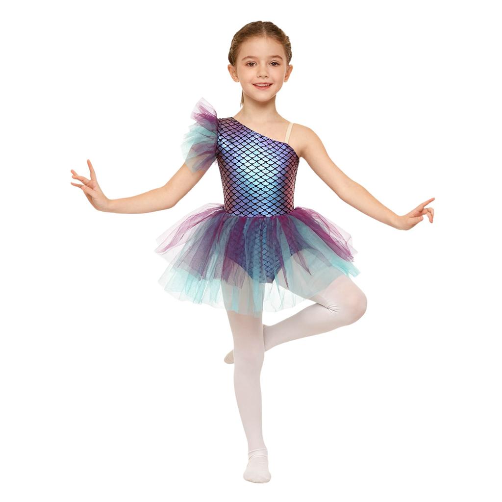 Girls Ballerina Tutu Dress One Shoulder Sleeveless Mermaid Fish Scales Print Camisole Leotard Halloween Dance Costume