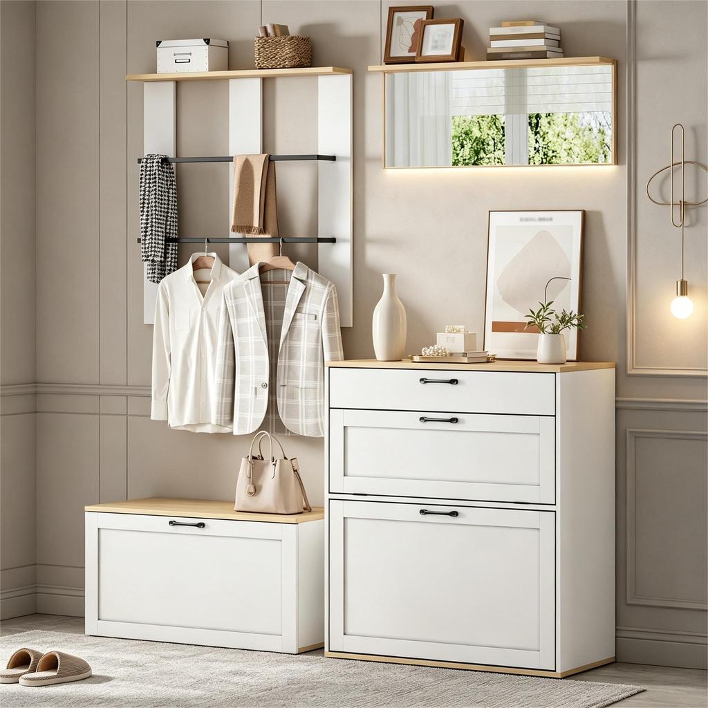 Coat Rack Set, Drawer, Mirror, Shoe Cabinet with Shoe Bench, Can Be Combined, Suitable for Entryway, Living Room, White + Wood Tone, 156x36x176cm
