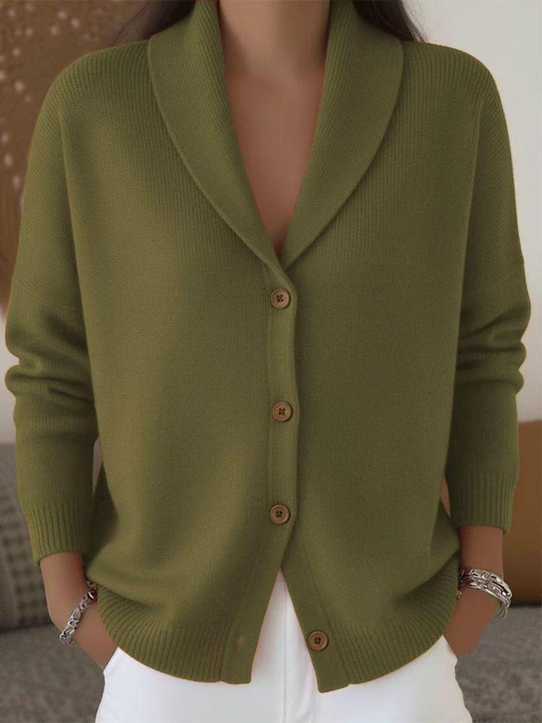2026 European & American Autumn/Winter Women's Knit Cardigan - Loose, Lazy Style, Lapel, Buttoned, Plain Long Sleeve Sweater