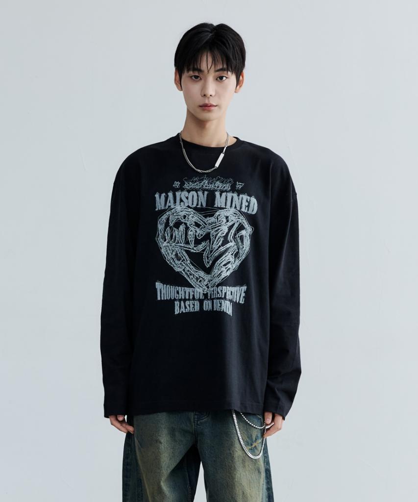MAISON MINED Doodle Heart Long Sleeve Black