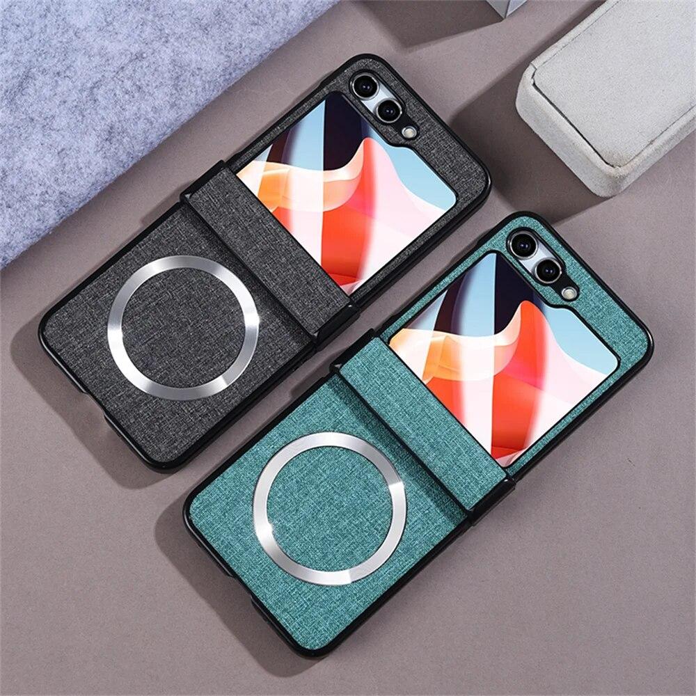 Leather Case for Galaxy Z Flip5 Magnetic Charging Phone Case for Samsung Z Flip 5 5g Luxury Cloth Slim Cover with Glass Film Protection Cover