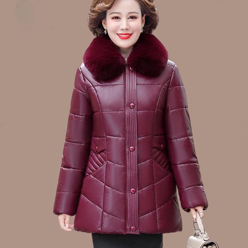 Women's PU Leather Cotton Jacket Thick Warm Windproof Leather Jacket Loose Padded Jacket with Fur Collar