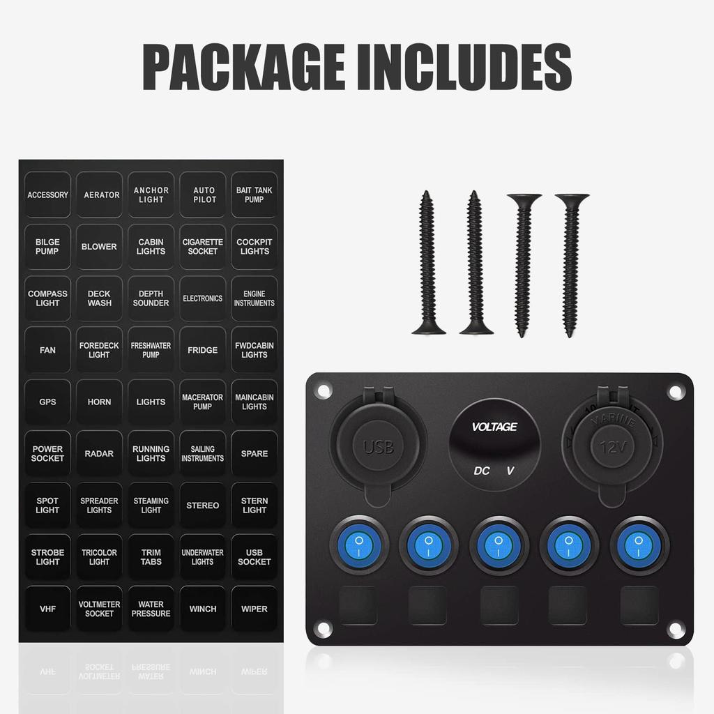 5-Wege-Bootswippschalter-Panel mit Leistungsschaltern, wasserdichtes digitales Voltmeter, 12V USB-Ladegerät, Steckdose für LKW, Wohnmobil