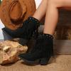 Fashion Suede Tassel Western Cowboy Boots Women 2025 Autumn Pointed Toe Vintage Rivet Ankle Boots Woman Chunky High Heels Short Boties