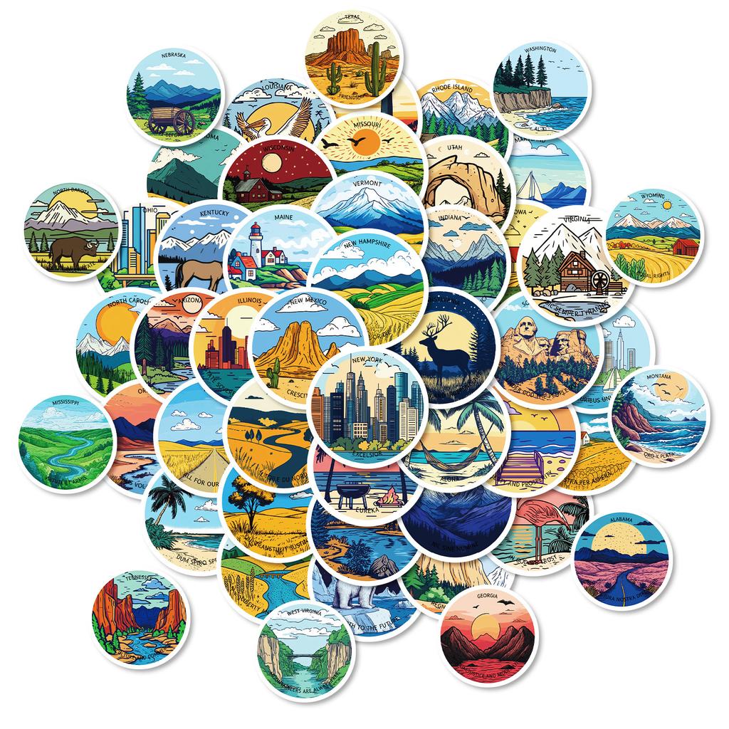 New 50 Pictures of Mainland Landscape Aesthetic Cartoon Graffiti Round Stickers Creative DIY Suitcase Mobile Phone Stickers