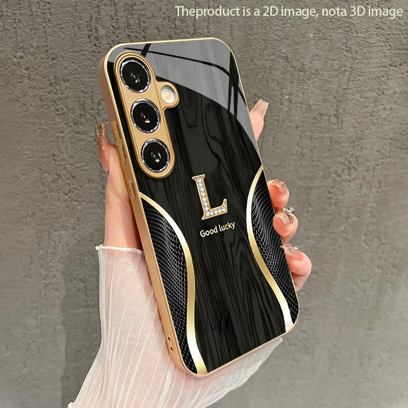 Gold L-Shape Pattern 2D Phone Case for Samsung S26 S25 S24 S23 S22 S21 S20 A56 A36 A16 - Golden Glass Protective Cover