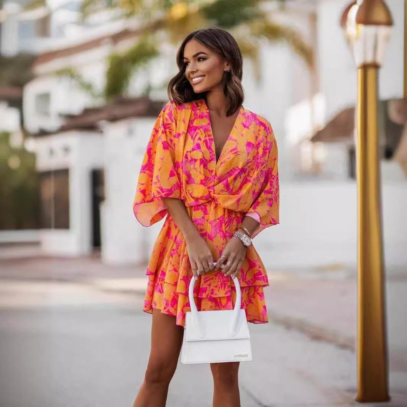 Plus Size Women's V Neck Printed Waist Batsleeve Five Quarter Sleeve Skirt Dress