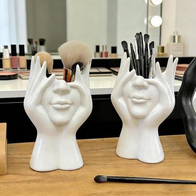 Decorative Face Makeup Brush Holder, White Ceramic Sculpture Design,Cosmetic Organizer for Vanity