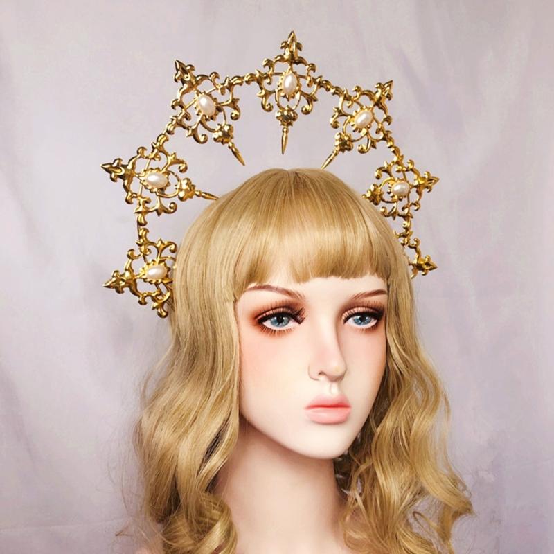 Womens Mary Halos Crowns Headband Spiked Gold Tiara Hair Accessories Goddess Headpiece Headdress for Cosplay