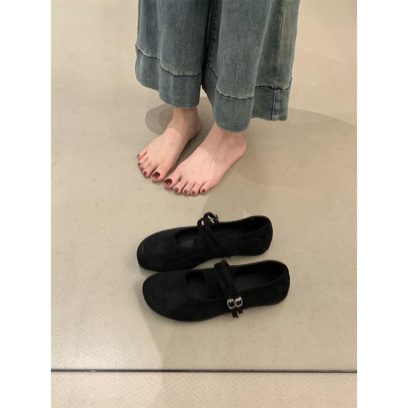 Vintage forest style suede Mary Jane shoes with buckles and shallow round toes and flat ballet shoes for girls