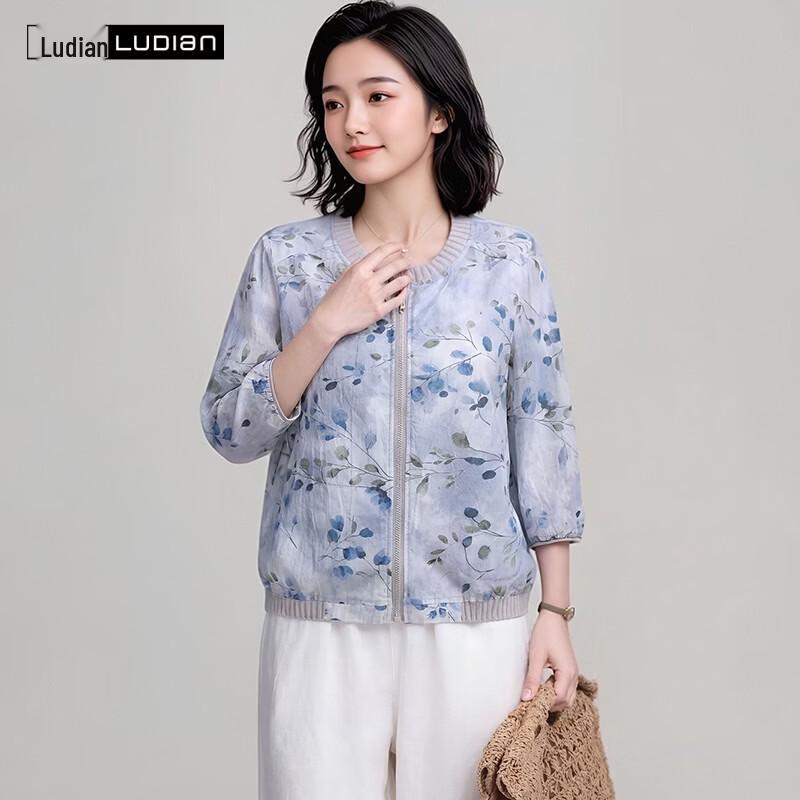 LUDIan Women's Floral Cotton-Linen 3/4 Sleeve Shirt