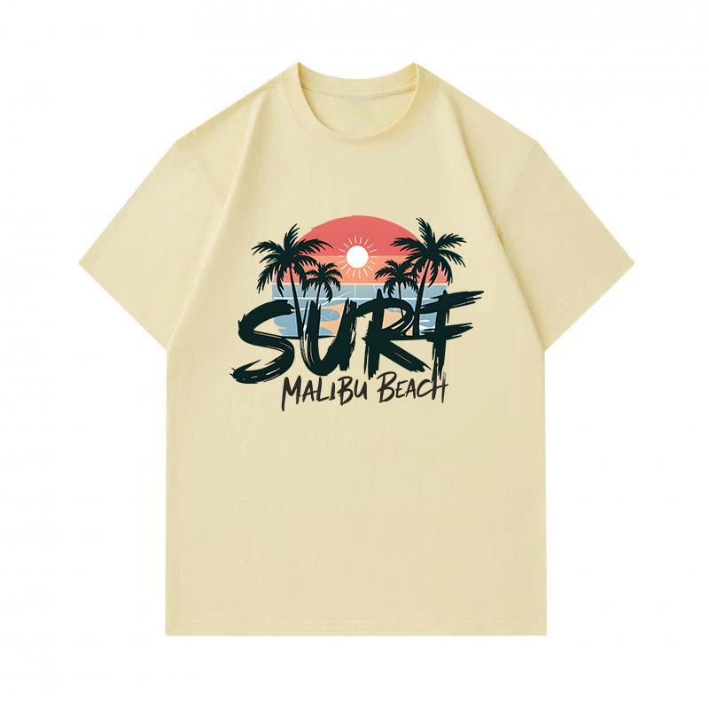 Men's 100% Cotton Crew Neck Short Sleeve T-Shirt, Surf Malibu Beach Retro Palm Sunset Print Casual Breathable Summer Top for Daily Outdoor Surfing Str