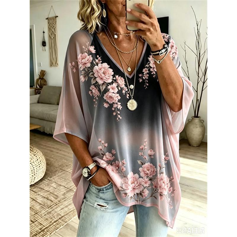Damska Koszulka Plus Size z Dekoltem V i Rękawami nietoperzowymi Bohemian Etniczny Wzór Luźny Top Letni Wygodny Oddychający Codzienne Dojazdy Casualowy Model wyszczuplający
