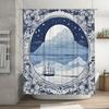 Elegant Navy Blue Moonlight Mountains Flower Bath Rug Shower Curtain Decorative Waterproof Bathroom Fabric Navy Blue Floral