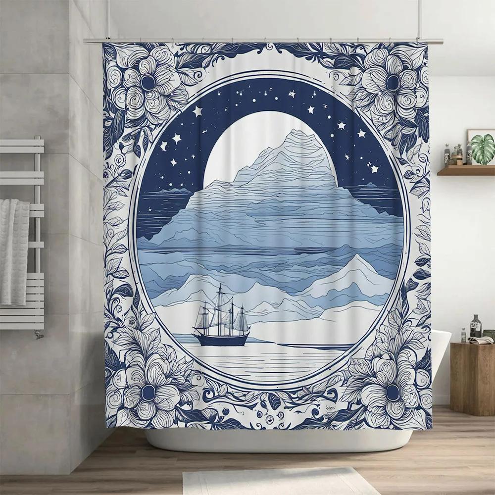 Elegant Navy Blue Moonlight Mountains Flower Bath Rug Shower Curtain Decorative Waterproof Bathroom Fabric Navy Blue Floral