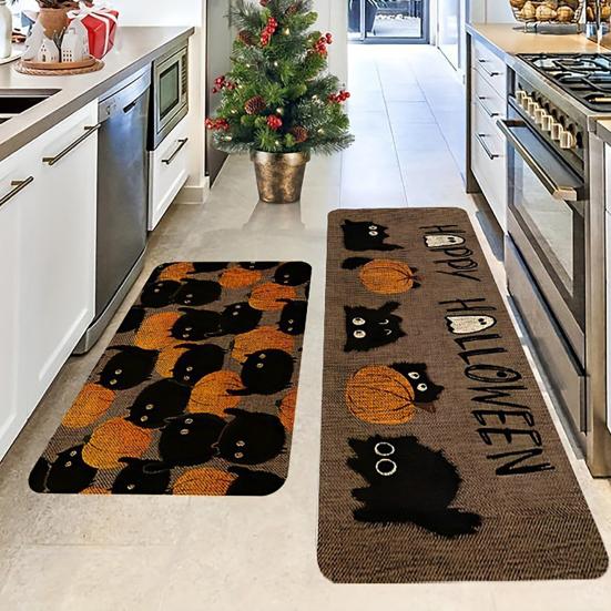 huaqianguhh 2Pcs/Set Halloween Kitchen Rugs, Anti Slip Absorbent Floor Mats, Pumpkin Black Cat Ghost Designs, Decorative Rugs for Living Room Bathroom