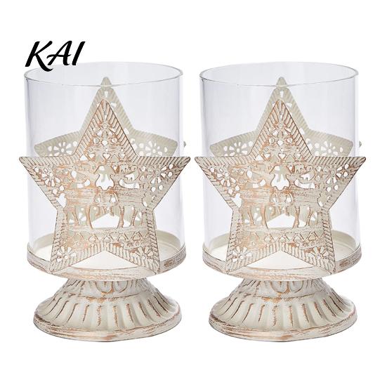 Holiday Gift for Her 2Pcs Christmas Hollow Metal Candle Holder, Vintage Tabletop Tealight Lantern, Xmas Glass Lamp Elk, Tree, Star & Heart Silhouette