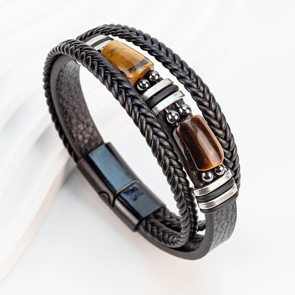 Magnetic Buckle Tiger Eye Leather & Stainless Steel Multi-layer Bracelet