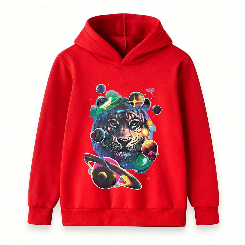 Kids Boys Girls Pullover Hoodie, Psychedelic Galaxy Tiger Print Casual Warm Long Sleeve Hooded Sweatshirt with Space Planets Pattern for Children Dail