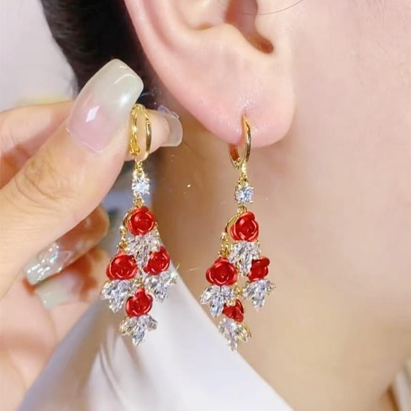 Elegant Red Rose Star Wave Earrings - High-End Light Luxury Long Studs for Women