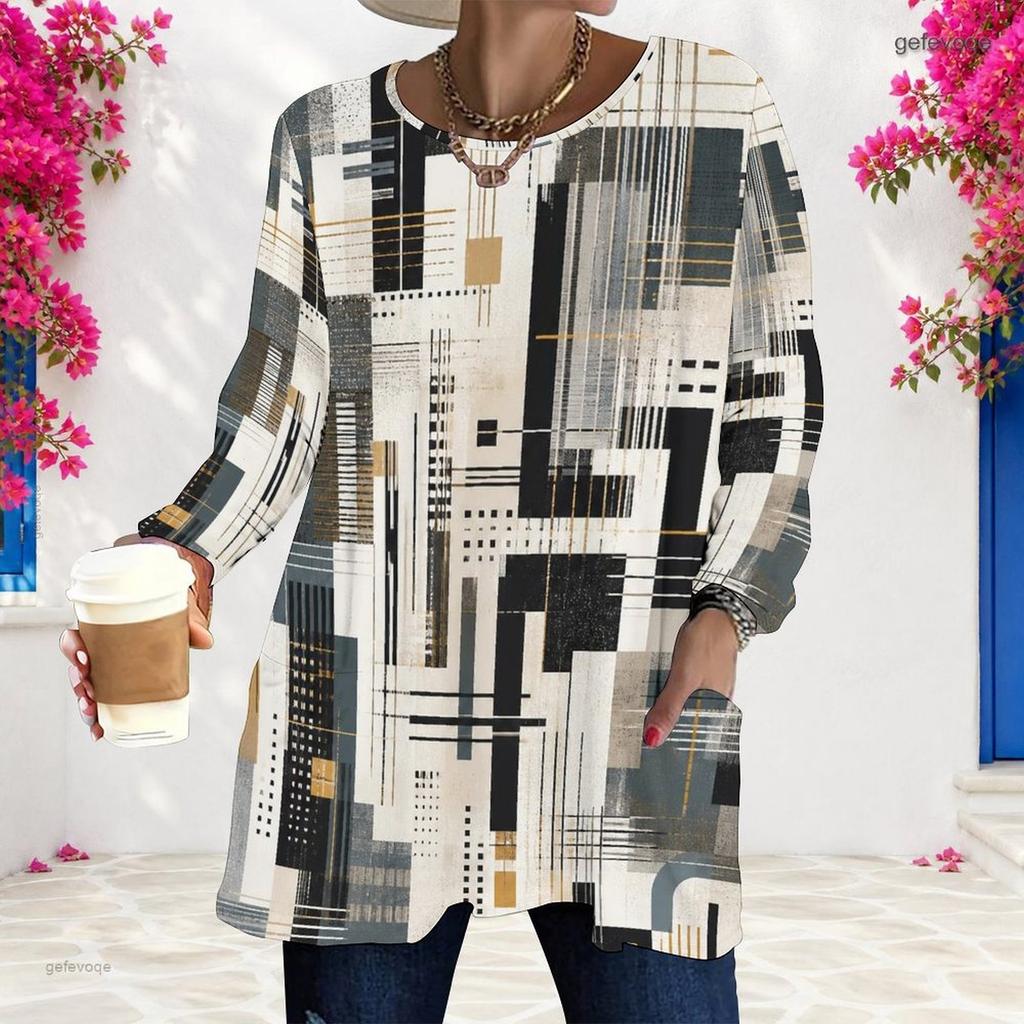 Women Plus Size Round Neck Long Sleeve Printed Blue White Loose Longline T Shirt With Pockets