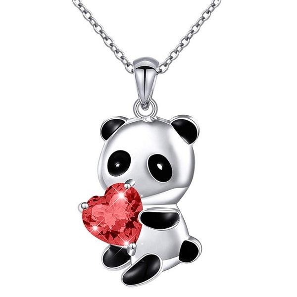 European & American Cute Panda Necklace: Pink Heart-Shaped Cubic Zirconia & Blue Crystal Design