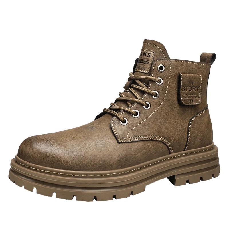 Italian Men Casual Leather  Boots 2024 New Classic Flat Designer Antiskid Ankle Boots Platform Rubber Lace-up Round Toe Boots