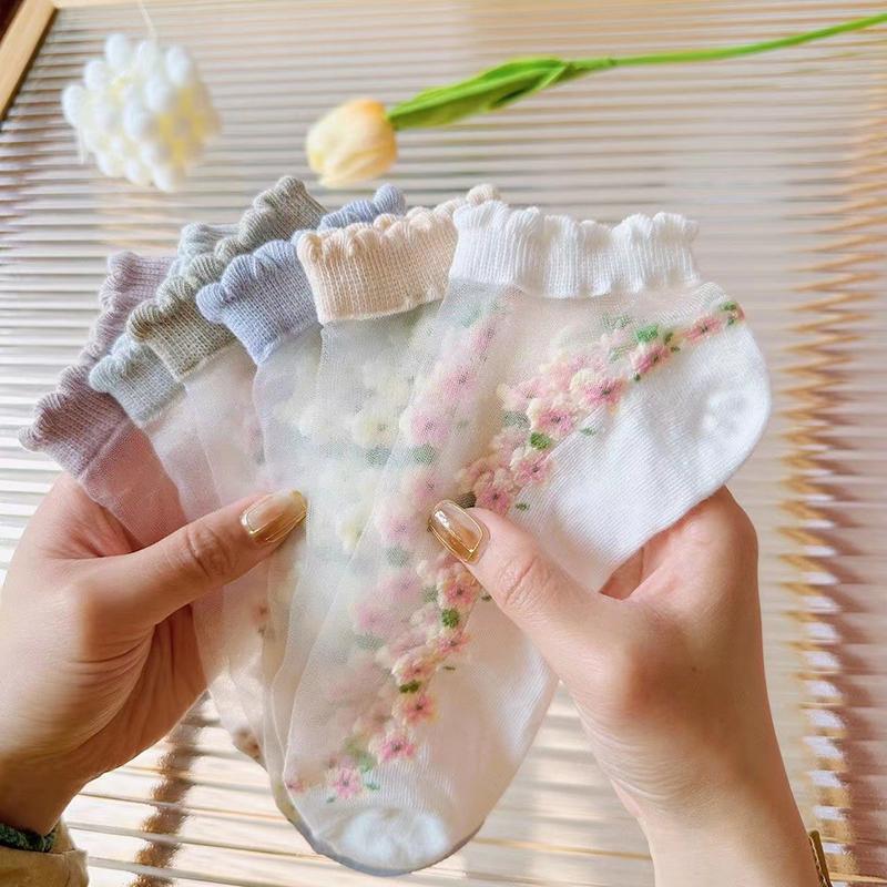 7 Pairs Women Floral Printed Transparent Socks Fashionable Cute Lace Sweat Absorbing Breathable Soft Comfortable Casual Socks