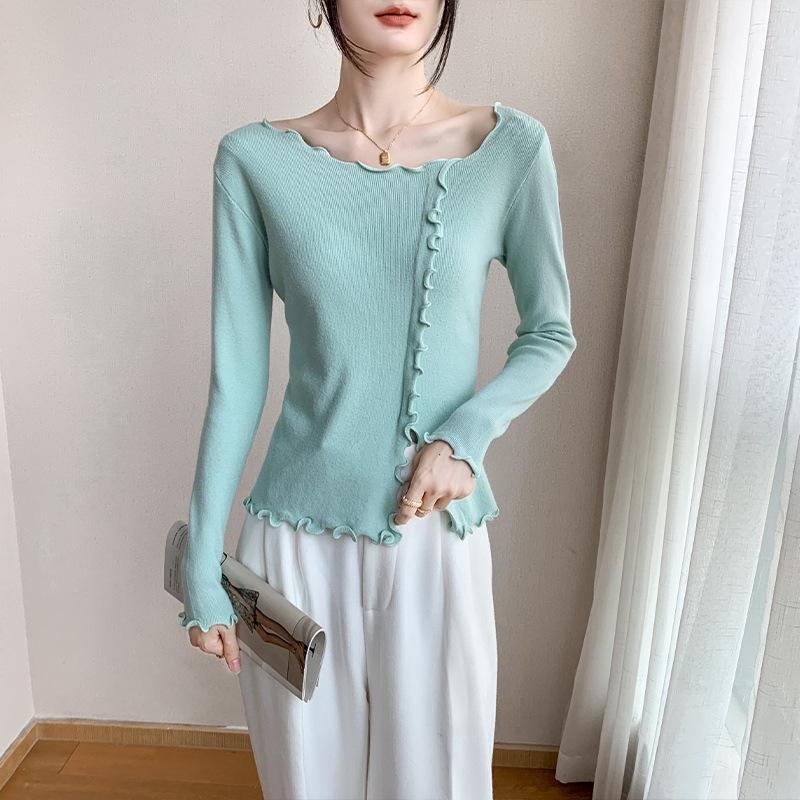 Fungus edge exposed collarbone solid color bottoming shirt women's clothing autumn new slim and thin top knitted sweater