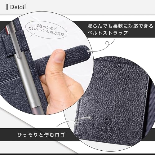 [BLUE SINCERE] A6 Size Notebook Cover, Genuine Leather, Holds 2 Books, Pen Holder, Pocket, Cards, Sticky Notes, Business Cards, Bookmark Included / NC