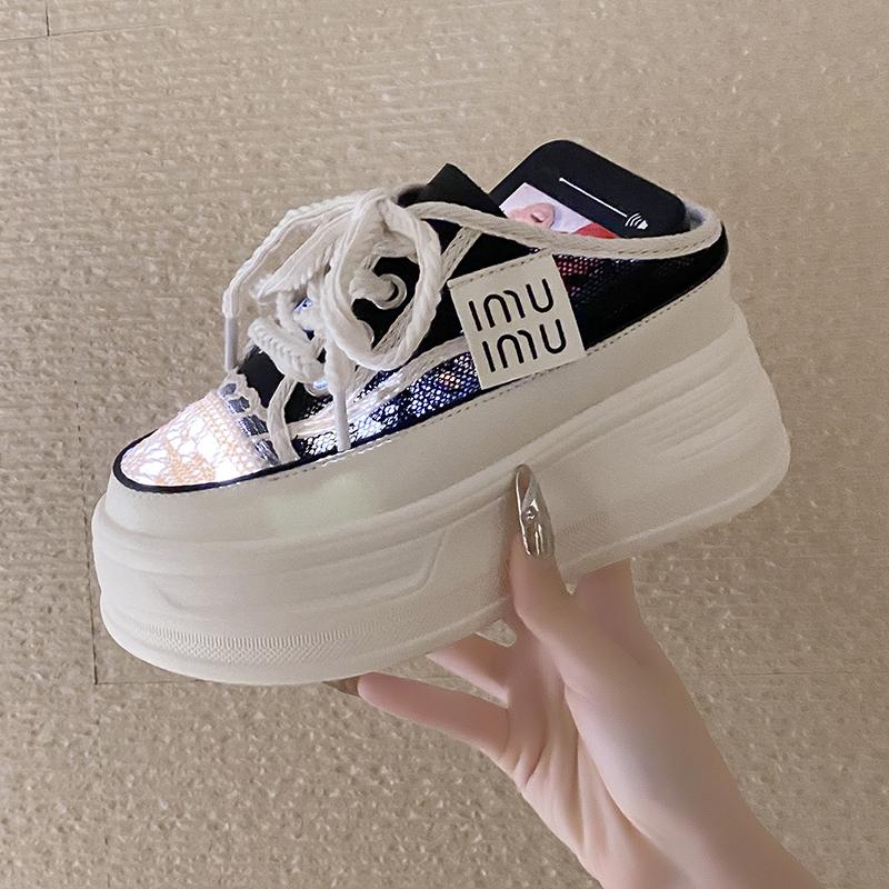 Fashion 9.5cm Increasing Height Women Slippers 2024New Summer Autumn Canvas Mules Shoes Ladies Round Toe High Wedge Platform Slides Shoe