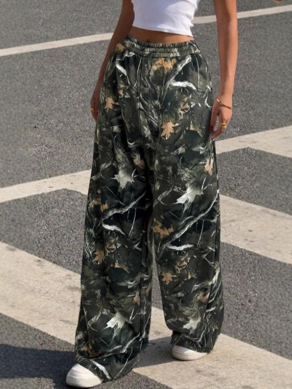 2025 Teen Fashion Camouflage Print Elastic Waist Wide-Leg Pants