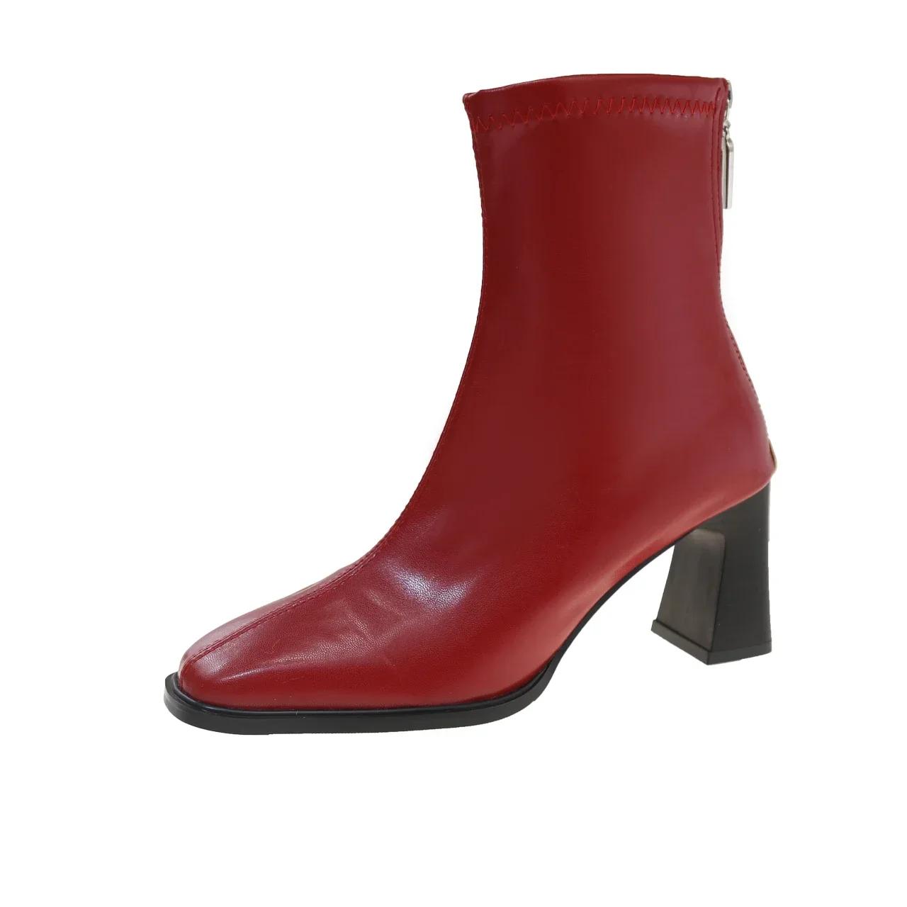 

Square Toe Women Ankle Boots Thin Mid Heels Beiga/red/green Back Zipper Dress Sock Boots Woman Size 35-42 Botines Para Mujeres 35 червоний