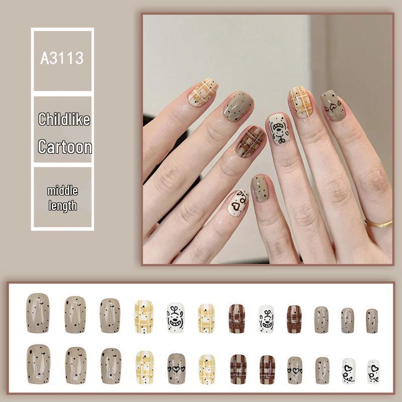 

Childlike Spotted Plaid Heart Press-On Nails with Puppy Art - One Size False Nails for Students & Daily Wear