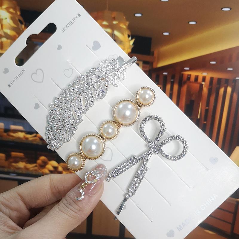 Korea Shiny Crystal Hair Clip Set Fashion Hair Accessories  Trend For Women Girl Pearl Rhinestone Hairpin Side Clip For Hair