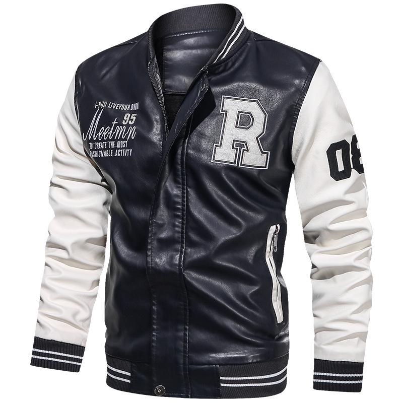 Men's Casual PU Leather Jacket with Fleece Lining - Baseball Style, Stand-Up Collar, Plain Design with Print