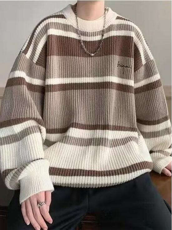Men's Retro Striped Color-Block Knit Sweater - Casual & Loose Fit for Autumn/Winter