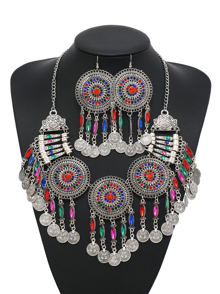 Gypsy Bohemia Chic Vintage Metal Coin Crystal Tassel Jewelry Sets Women Hippie Turkish Ethnic Tribal Necklace Earring Set