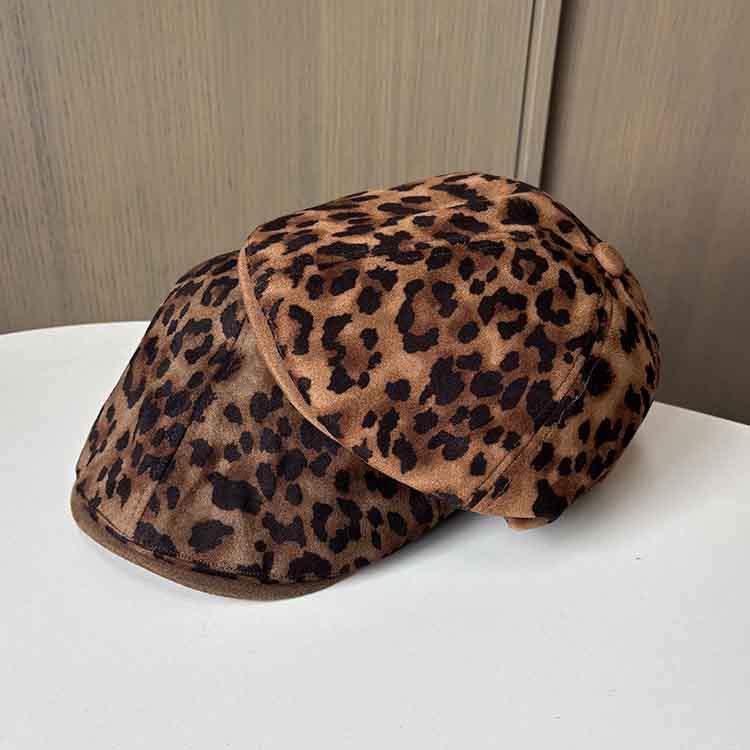 Hong Kong Style Retro Leopard Print Reverse Wear Forward Hat Women Spring And Autumn Personality Suede Duck Tongue Versatile Beret