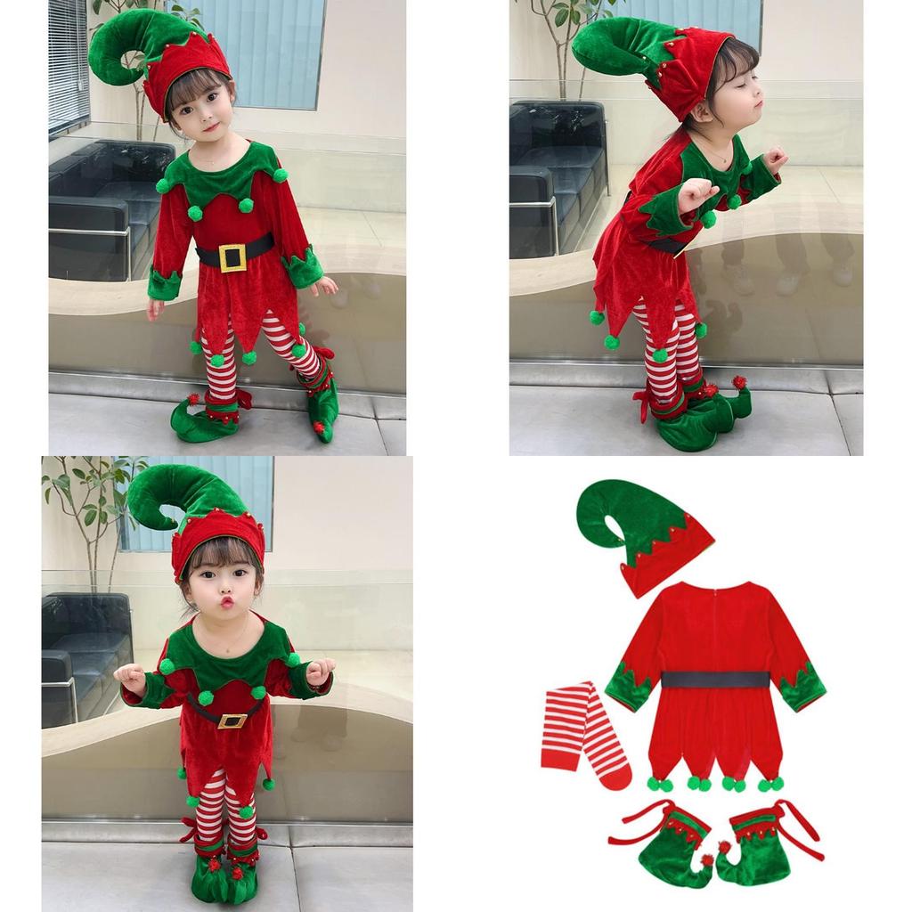 Velvet Boys Girls Christmas Elf Outfit Xmas Party Cosplay Set