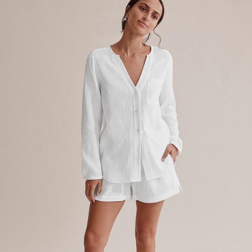 2026 Summer Women 100% Cotton Double Gauze Pajama Set, Long Sleeve & Shorts, Fashion Loungewear S белый