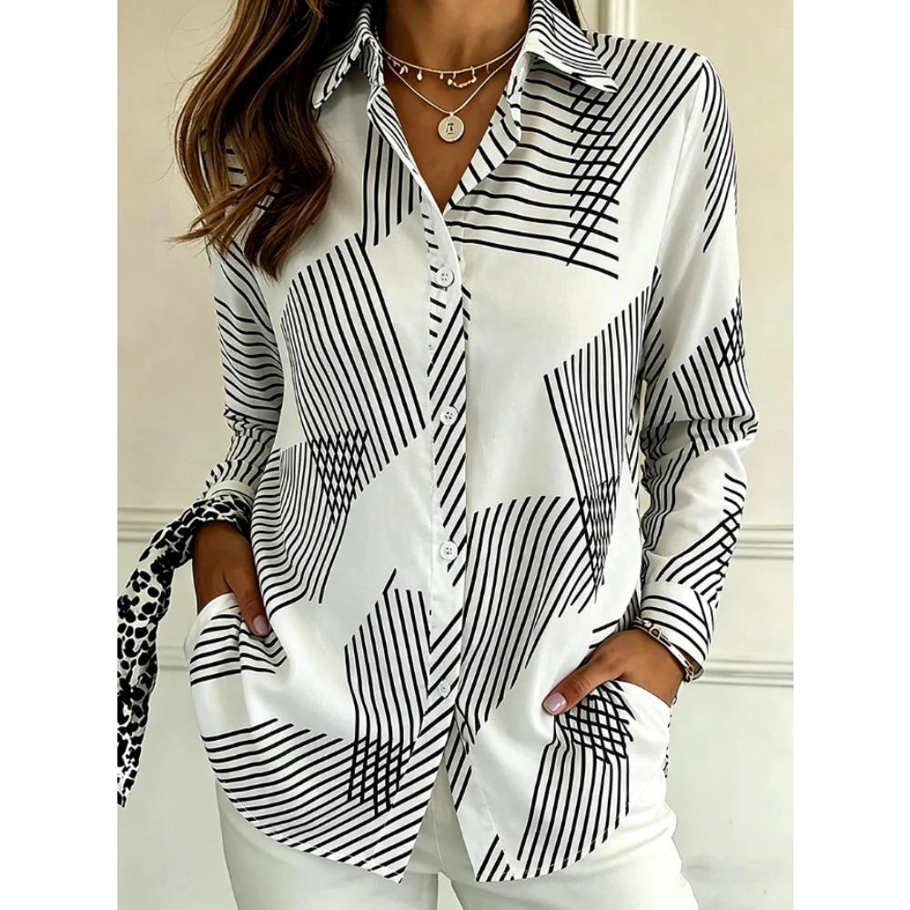 Geometric Print Women Blouse Spring Autumn Femme Office Lady Button Up Turn Down Collar Shirts