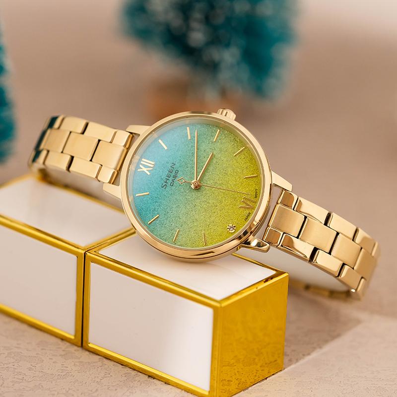 Casio SHEEN Universe Starry Sky Theme Fashion Simple and Light Hands Quartz Movement Steel Strap Japanese and Korean Watch Women's SHE-4548G-2AUPR