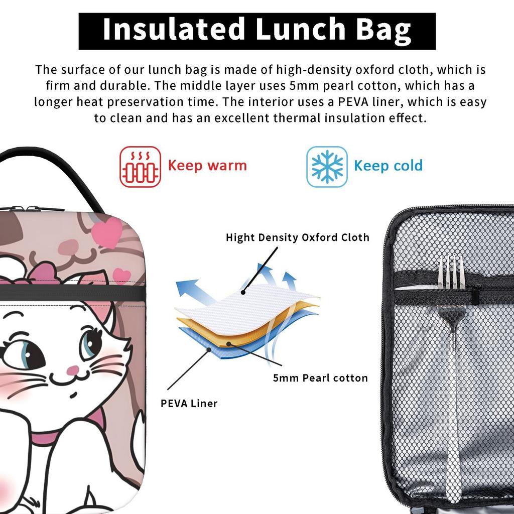 Cartoon Maries Cat Insulated Lunch Bag Large Lunch Container Thermal Bag Tote Lunch Box College  Travel Bento Pouch