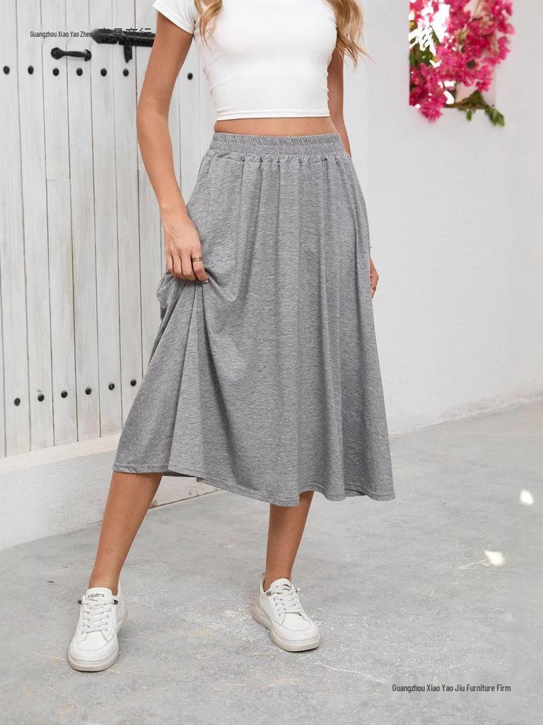 European High-Waisted Casual Midi Skirt - A-Line, Loose Fit, Draped Hem