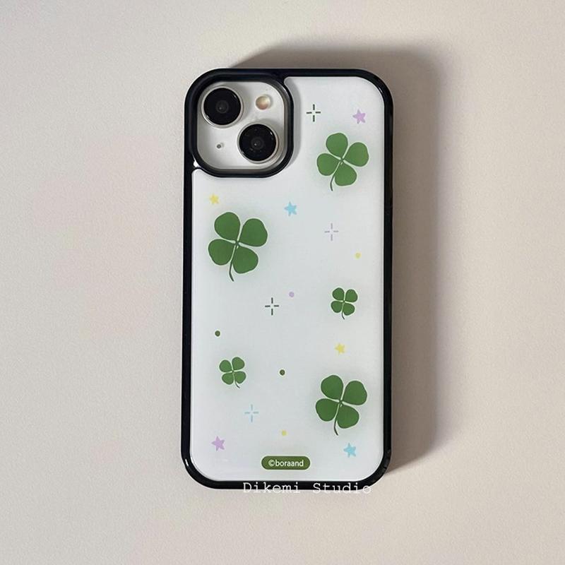 Korean Ins Fresh Starlight Dot Lucky Four Leaf Clover Phone Case For iPhone 17 16 15 14 13 12 11 Pro XR X Max 7 8 Plus Y2K Cover