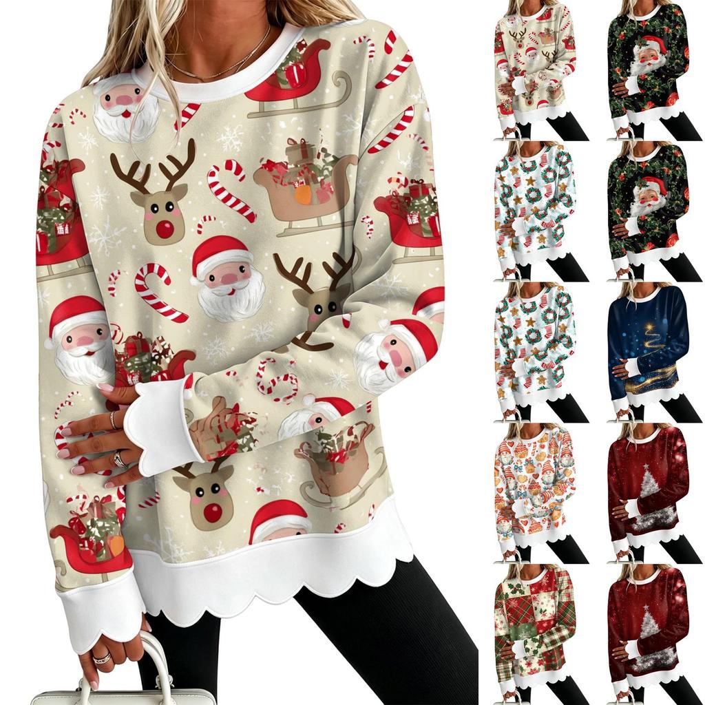 Women's Crewneck Sweatshirt with Scalloped Wavy Hem and Christmas Print for Holiday Casual Wear