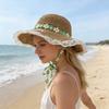 Straw Hat Wide Brim Embroidery Lace Splicing Beach Hat Embroidered Floral Adjustable Chin Strap Summer Sun Protection Hat